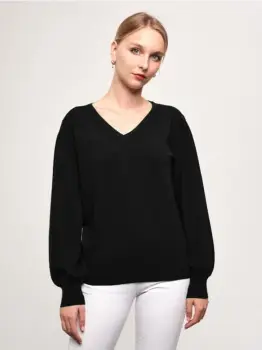 Pulover cu maneca bufanta si decolteu in V, din tricotaj fin, negru imagine