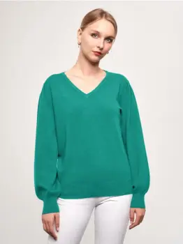 Pulover cu maneca bufanta si decolteu in V, din tricotaj fin, turcoaz imagine