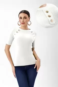 Pulover cu maneca scurta si nasturi metalici decorativi, alb imagine