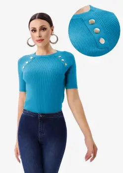 Pulover cu maneca scurta si nasturi metalici decorativi, albastru imagine