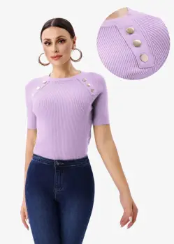 Pulover cu maneca scurta si nasturi metalici decorativi, lila imagine