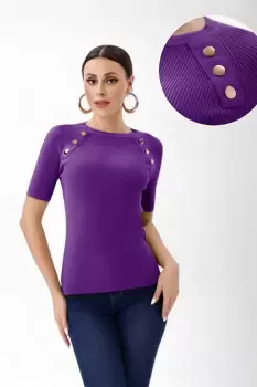 Pulover cu maneca scurta si nasturi metalici decorativi, mov imagine