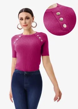 Pulover cu maneca scurta si nasturi metalici decorativi, mov zmeura imagine