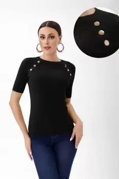 Pulover cu maneca scurta si nasturi metalici decorativi, negru imagine