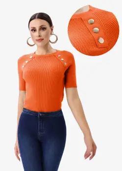 Pulover cu maneca scurta si nasturi metalici decorativi, portocaliu imagine