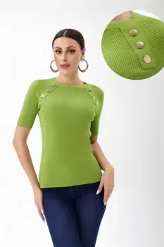 Pulover cu maneca scurta si nasturi metalici decorativi, verde olive imagine