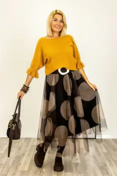 Pulover cu maneci scurte si volane la mansete din vascoza, galben imagine