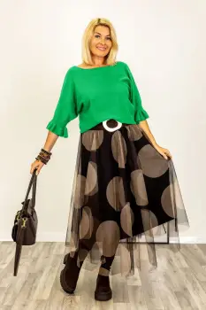 Pulover cu maneci scurte si volane la mansete din vascoza, verde imagine