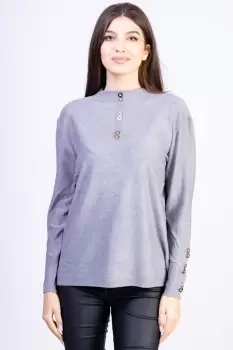 Pulover cu nasturei aurii pe decolteu si la maneci, gri imagine