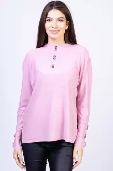 Pulover cu nasturei aurii pe decolteu si la maneci, roz imagine