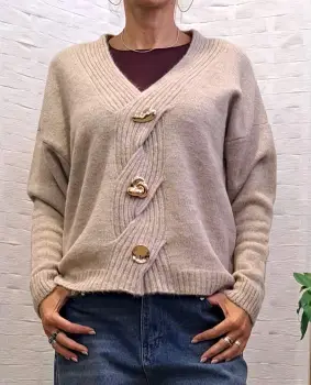 Pulover cu nasturi decorativi impletitura decorativa pe piept si decolteu in V, bej imagine