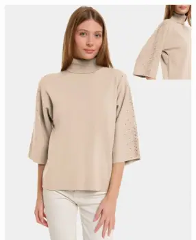 Pulover cu pietricele argintii, cu guler inalt si maneca 3 4, din tricotaj fin, bej imagine