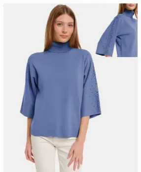 Pulover cu pietricele argintii, cu guler inalt si maneca 3 4, din tricotaj fin, bleu imagine