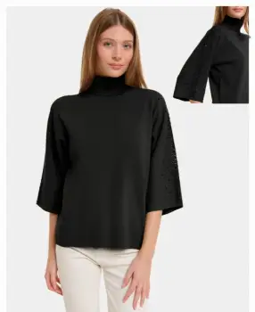 Pulover cu pietricele argintii, cu guler inalt si maneca 3 4, din tricotaj fin, negru imagine