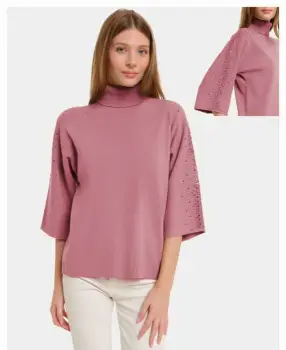 Pulover cu pietricele argintii, cu guler inalt si maneca 3 4, din tricotaj fin, roz inchis imagine