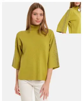 Pulover cu pietricele argintii, cu guler inalt si maneca 3 4, din tricotaj fin, verde olive imagine