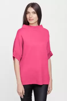 Pulover elegant cu maneca scurta si nasture, din vascoza, fucsia imagine