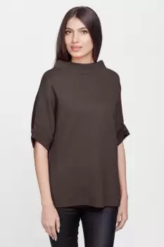 Pulover elegant cu maneca scurta si nasture, din vascoza, maro imagine
