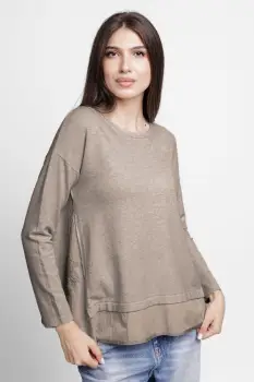 Pulover evazat cu angora, cu insertii laterale brodate, bej imagine