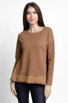 Pulover evazat cu angora, cu insertii laterale brodate, camel imagine