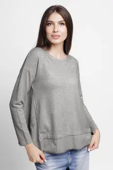 Pulover evazat cu angora, cu insertii laterale brodate, gri imagine