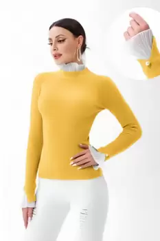 Pulover galben cu volanas plisat la maneca si la gat imagine