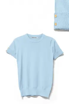 Pulover labaza gatului, cu maneca scurta si nasturei metalici, bleu imagine