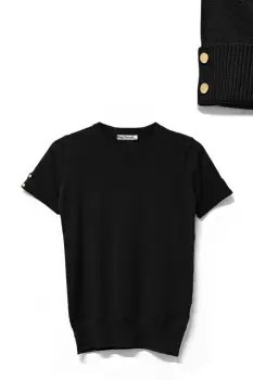 Pulover labaza gatului, cu maneca scurta si nasturei metalici, negru imagine