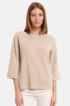 Pulover maneca 3 4 cu aplicatii manuale din paiete si margelute, din tricotaj fin, bej imagine