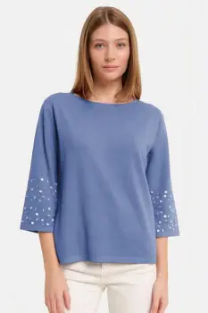 Pulover maneca 3 4 cu aplicatii manuale din paiete si margelute, din tricotaj fin, bleu imagine