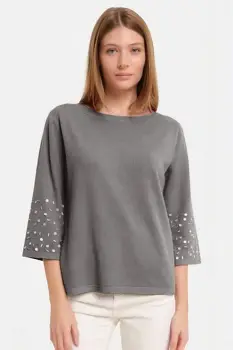 Pulover maneca 3 4 cu aplicatii manuale din paiete si margelute, din tricotaj fin, gri imagine