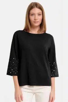 Pulover maneca 3 4 cu aplicatii manuale din paiete si margelute, din tricotaj fin, negru imagine