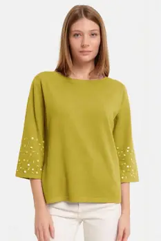 Pulover maneca 3 4 cu aplicatii manuale din paiete si margelute, din tricotaj fin, verde oliv imagine