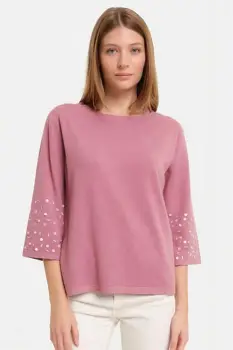 Pulover maneca 3 4 cu aplicatii manuale din perle si pietricele fine, din tricotaj fin, roz inchis imagine