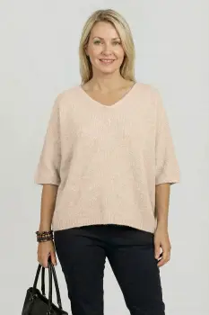 Pulover pufos cu alpaca, oversize cu maneca fluture, bej imagine