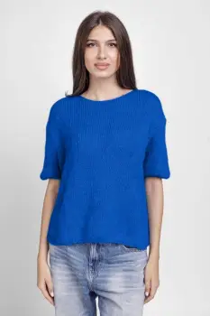 Pulover pufos cu maneca scurta, cu mohair si lana, albastru electric imagine