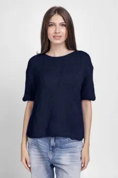 Pulover pufos cu maneca scurta, cu mohair si lana, bleumarin imagine