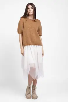 Pulover pufos cu maneca scurta, cu mohair si lana, camel imagine