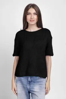 Pulover pufos cu maneca scurta, cu mohair si lana, negru imagine