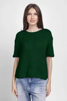 Pulover pufos cu maneca scurta, cu mohair si lana, verde inchis imagine