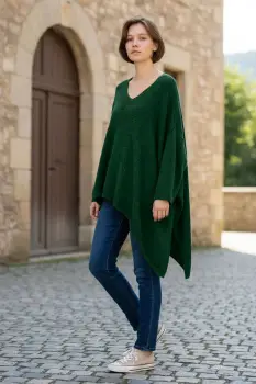 Pulover pufos verde inchis, oversize cu colt si decolteu in V imagine