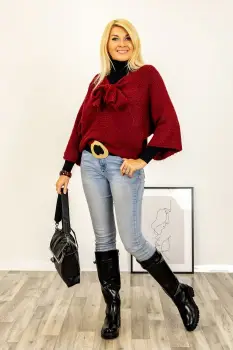 Pulover reversibil bordo, oversize cu funda si maneca fluture imagine