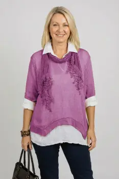 Pulover si camasa trei in unu, cu tricotaj lana si mohair, camasa din bumbac si esarfa cu franjuri dantelati, mov imagine