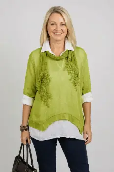 Pulover si camasa trei in unu, cu tricotaj lana si mohair, camasa din bumbac si esarfa cu franjuri dantelati, verde imagine