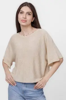 Pulover subtire si versatil cu maneca cazuta din bumbac, bej imagine