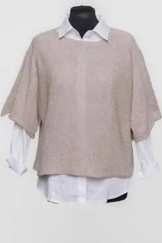 Pulover subtire si versatil cu maneca cazuta din bumbac, bej inchis imagine