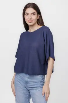 Pulover subtire si versatil cu maneca cazuta din bumbac, bleumarin imagine