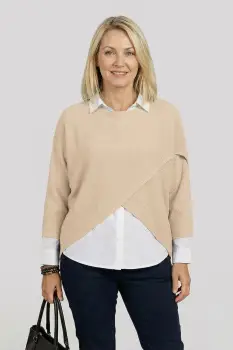 Pulover tip poncho petrecut asimetric, bej imagine