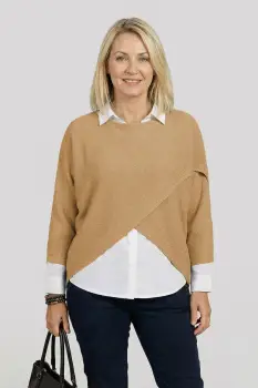 Pulover tip poncho petrecut asimetric, camel imagine