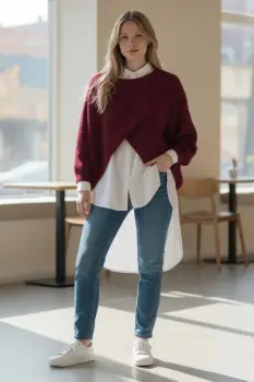 Pulover tip poncho petrecut asimetric, cu lana, bordo imagine